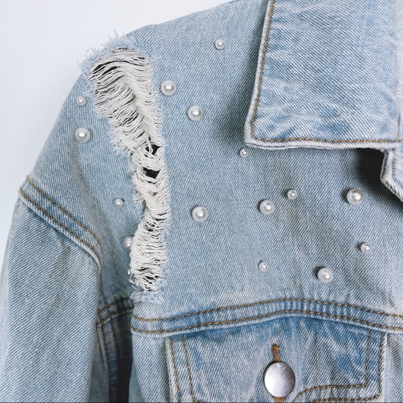 FOREVER 21 Retro Distressed Blue Denim Faux Pearls Jean Jacket S - Picture 5 of 10
